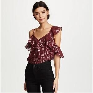 Veronica Beard Benton Leopard Burgundy & Silver Ruffle Top Blouse Size 4